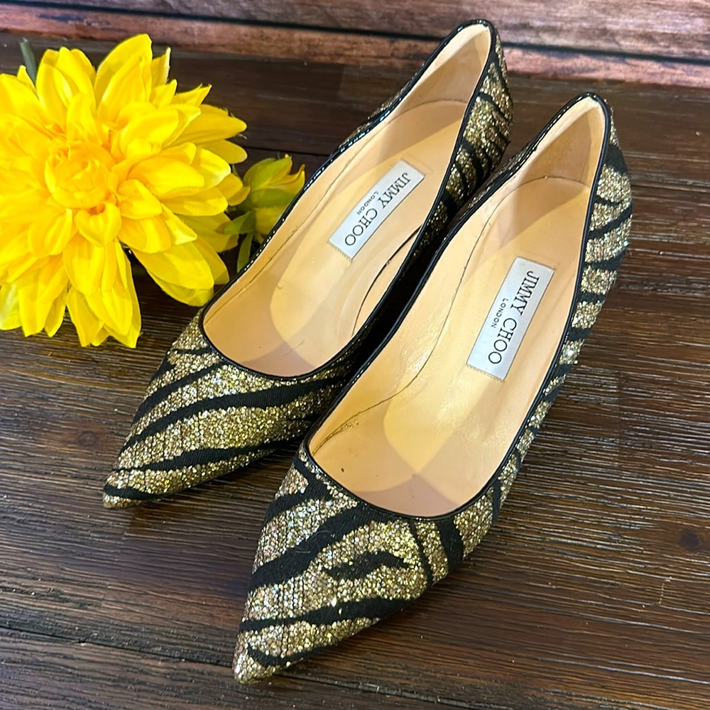 Jimmy Choo Gold and Black Glitter Pointed Toe Heels